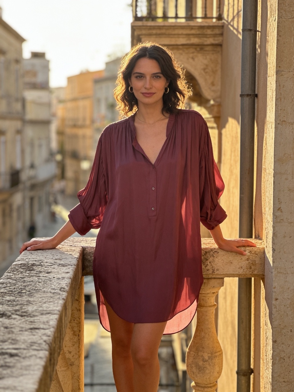 Halston Heritage Pleated Satin Tunic / Shirt Dress